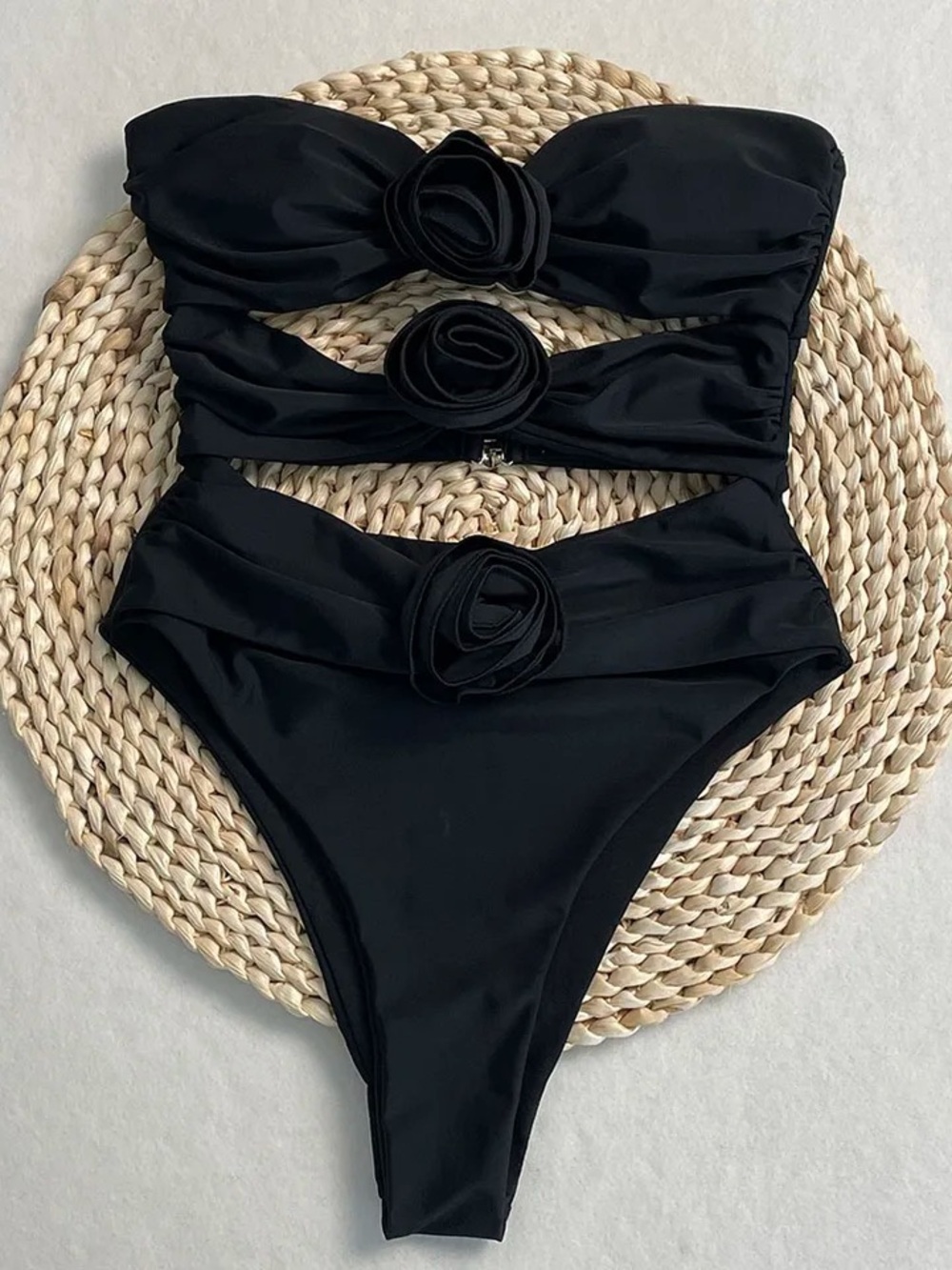 Black Strapless Floral Accent One-Piece Swimsuit